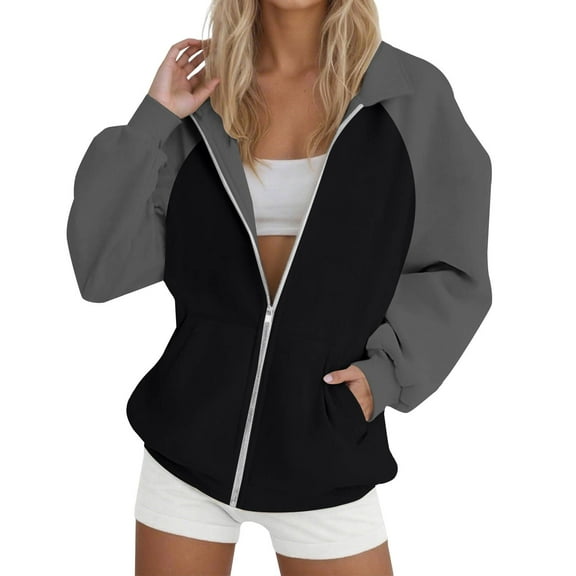 ManxiVoo Women's Loose Fit Casual Lapel Raglan Sleeve Zip Front Color Block Hooded Sweatshirt L Size Black