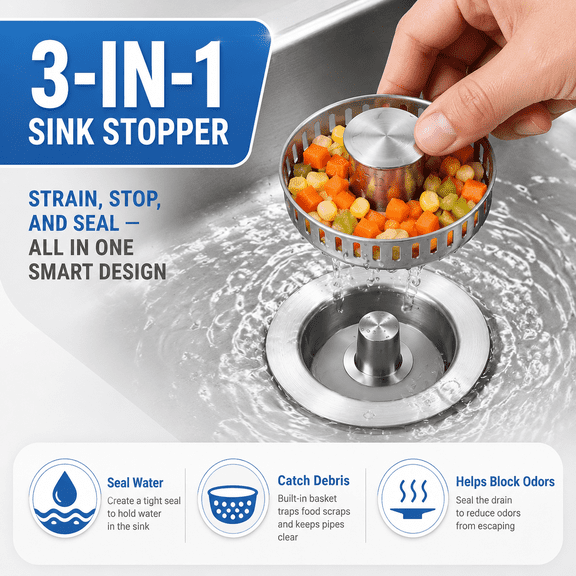 3-in-1 Kitchen Sink Stopper and Strainer, SUS 304 Stainless Steel Pop Up Sink Drain Stopper with Removable Basket, Fits 3-1/2 Inch Kitchen Sink Drains