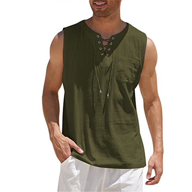 Nueva camiseta sin mangas para hombre, camiseta de manga corta de lino y algodón de Color sólido MABOTO Verde militar XXXL