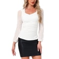 thumbnail image 1 of Blusa de Malla Fruncida INSPIRE CHIC para Mujer, Top Casual Elegante de Manga Larga con Cuello en V, Ajuste Slim, XL Blanco, 1 of 6