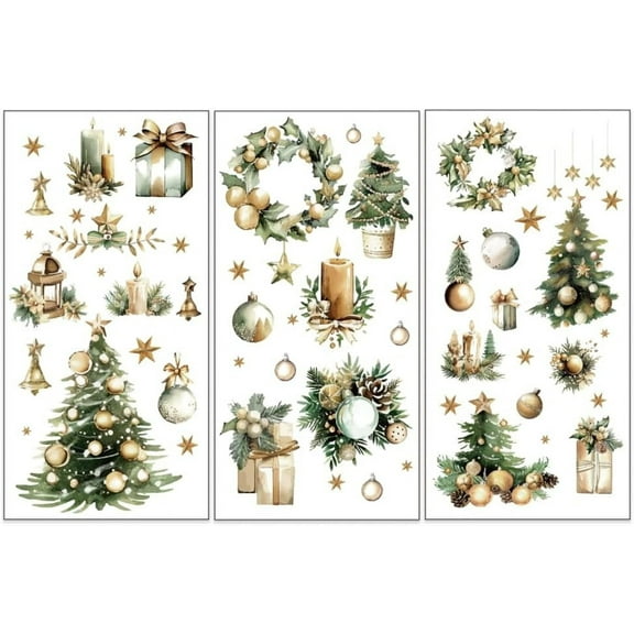 3pcs/Set Christmas Rub on Transfers for Furniture and Crafts 6x12 inch Christmas Tree Decor Transfer Stickers Wreath Bell Rub on Decals for Wood Furniture Scrapbooking Home Decorations