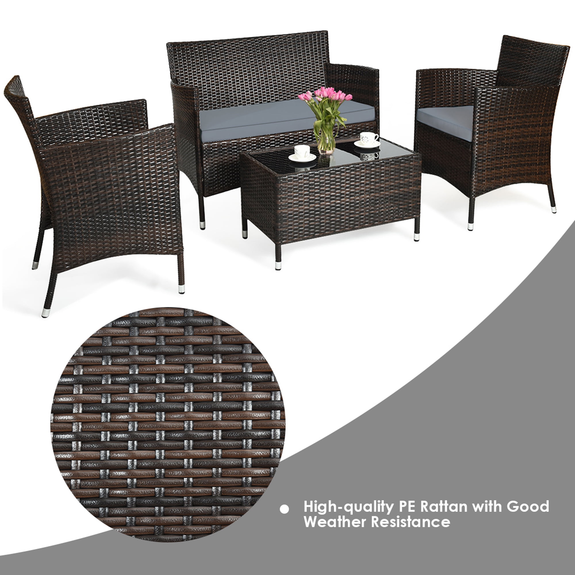 Gymax 8PCS Patio Rattan Conversation Furniture Set Outdoor w/ Gray Cushion