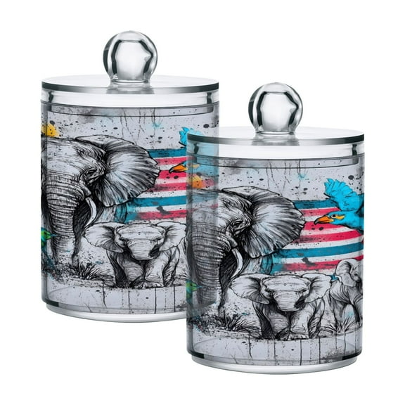 2 Pack Elephants Birds Qtip Holder Dispenser Clear Plastic Storage Apothecary Jars for Cotton Swabs Balls Pads Floss