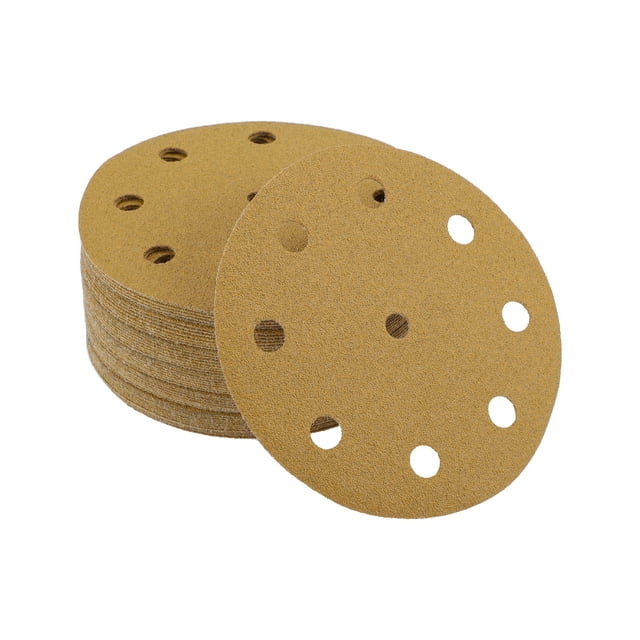 Unique Bargains 50 Pcs Universal Sanding Discs Durability Flexibility 5 Inch 9 Hole Hook and Loop Sandpaper Yellow Aluminum Oxide Paper Base 80 Grit
