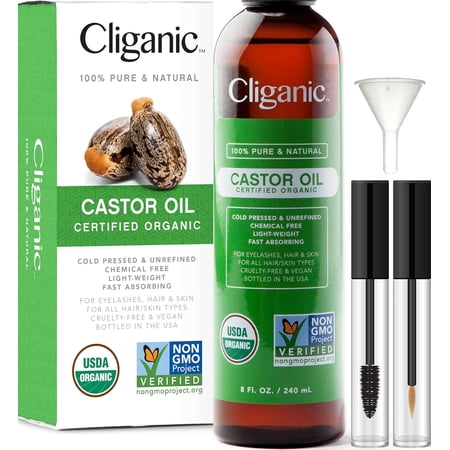Cliganic USDA Organic Castor Oil  100% Pure (8oz with Eyelash Kit) - For Eyelashes  Eyebrows  Hair & Skin | Natural Cold Pressed Unrefined Hexane-Free