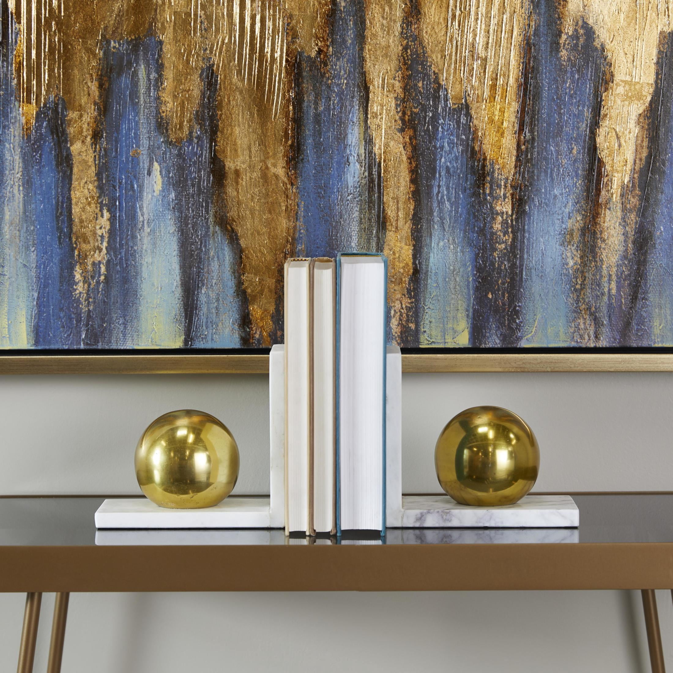 Cosmoliving by Cosmopolitan Marble Modern Decorative Bookends with Metallic Gold Balls 7"W x 6"H, Gold Finish with White Marble Stands