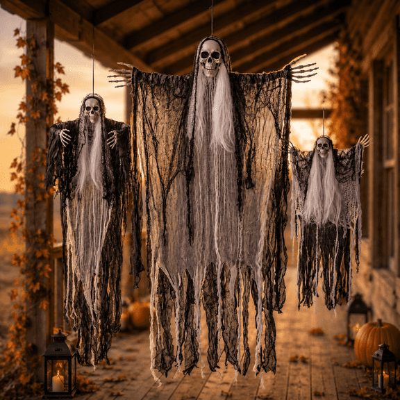 Gamexcel 3 Pack Halloween Hanging Ghosts, 38, 50 and 58 Inch Poseable Grim Reaper Skeleton Decorations