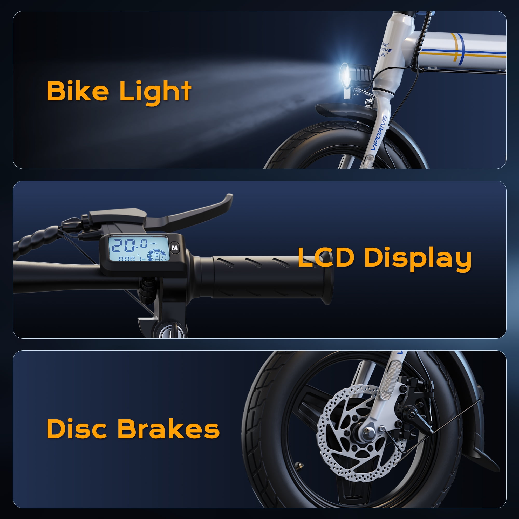 VIPDRIVE Electric Bike, 14" Folding EBike for Adults, 500W Peak Motor, 36V 7.8Ah Battery, 20MPH City Commuter E-Bike, Mini Ebike, LCD Display, UL2849