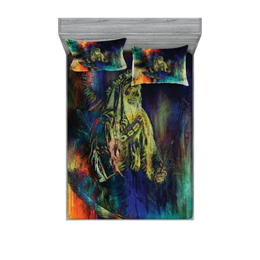 Ambesonne Tribal Fitted Sheet & Pillow Sham Set, Grunge Tribal, Queen, Multicolor
