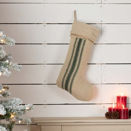 Embroidered Green Personalized Christmas Stockings - Antique Creme Green White Farmhouse Christmas Decor Vintage Burlap Stripe Fabric Loop Cotton Stenciled Rope Cotton Burlap Striped Stocking
