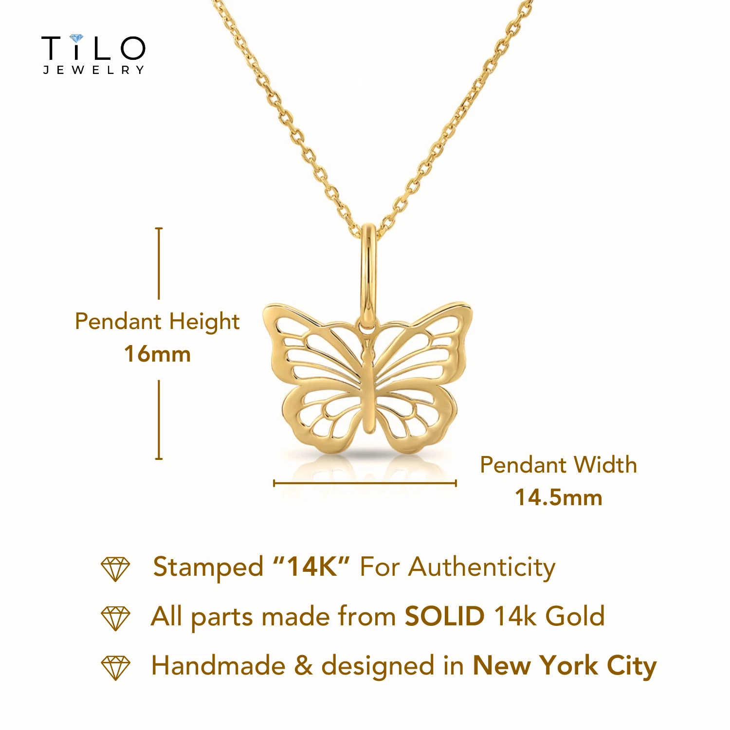 Tilo Jewelry 14K Yellow Gold Butterfly Openwork Pendant Charm Necklace for Women & Unisex | 18 Inch Cable Chain
