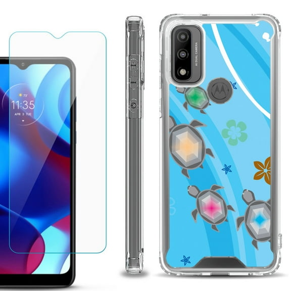 Shockproof Bumper Phone Case for Motorola Moto G Pure, with Tempered Glass Screen Protector, by OneToughShield ® - Happy Turtle