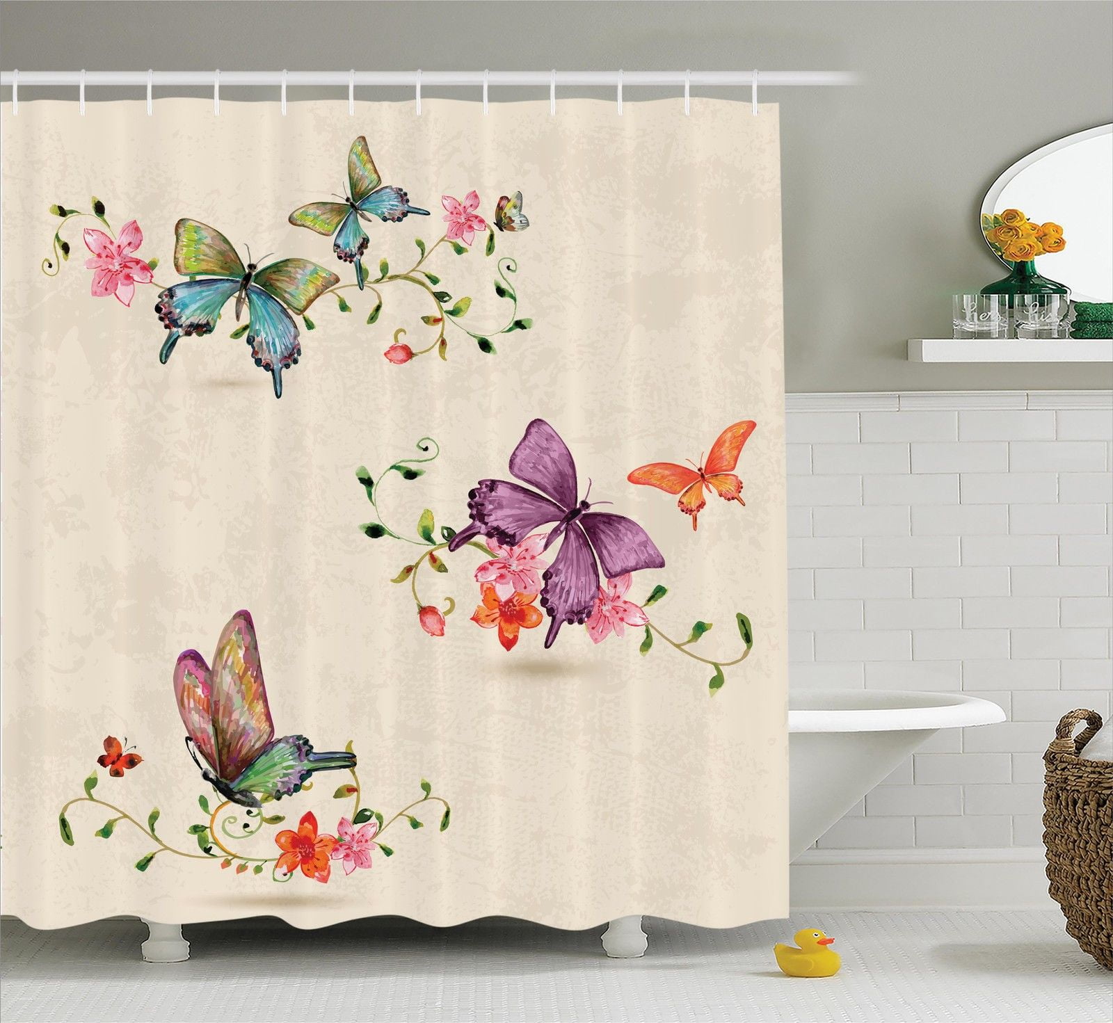 Apartment Decor Shower Curtain Set Butterfly Collection 