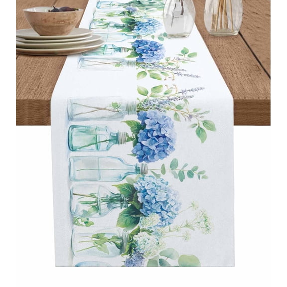 Table Runner Dresser Scarf 13 x 90 Inch Spring Floral Retro Hydrangea Flower Leaf Transparent Bottle Table Runners Non-Slip Heat Kitchen Dining Table Decor for Indoor Outdoor Home Party Decoration