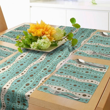 

Turquoise Table Runner & Placemats Traditional Polka Dots Vertical Lines Abstract Hand Drawn Set for Dining Table Decor Placemat 4 pcs + Runner 16 x72 Turquoise Brown Cream by Ambesonne