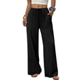 thumbnail image 2 of HKYNLAG Women Linen Pants Summer Casual Loose Wide Leg Palazzo Pants Drawstring High Waist Flowy Beach Trousers with Pockets Black M, 2 of 7