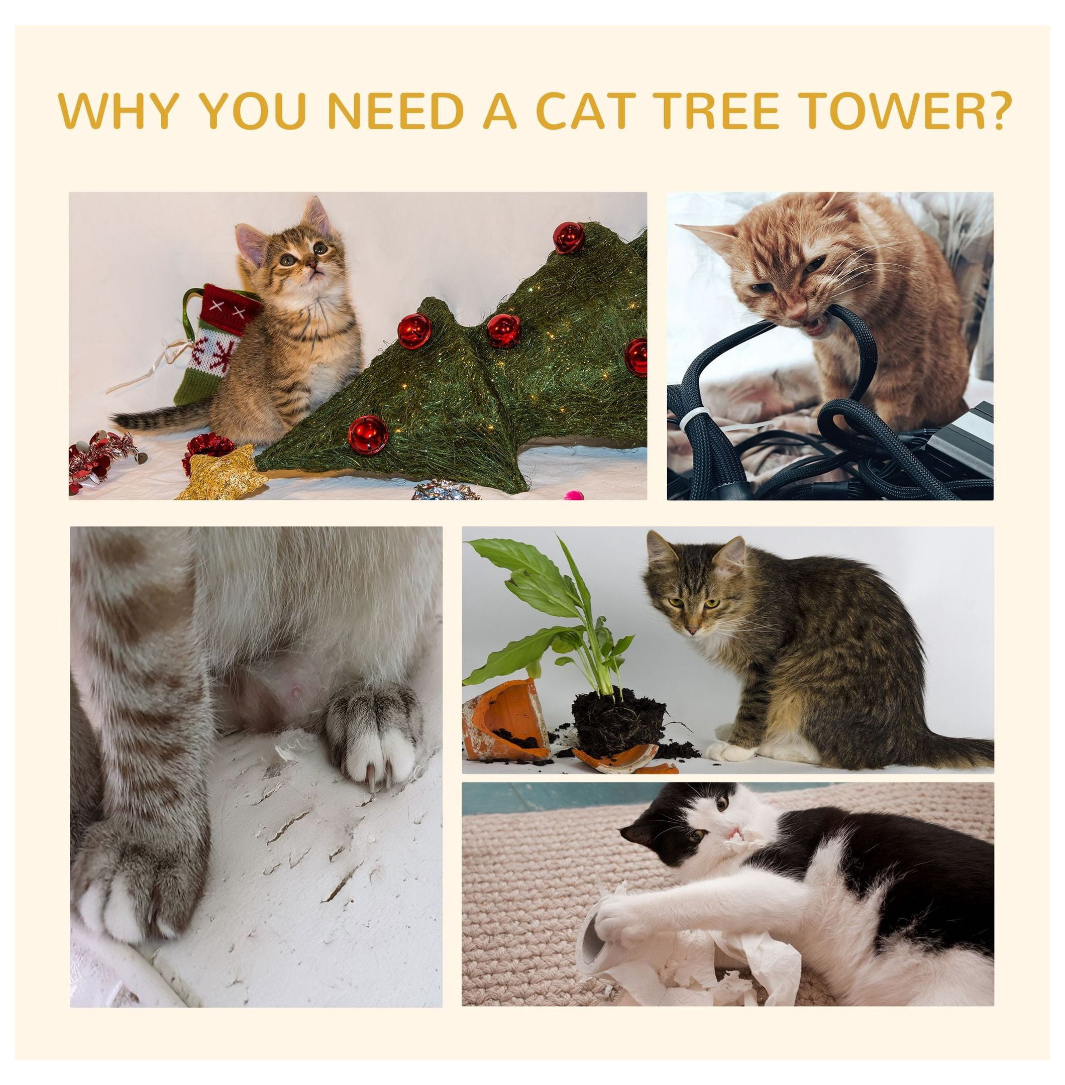 Cat Tree Floor to Ceiling, 94.5-102.5" Adjustable Cat Tower with Scratching Posts, Hammocks & Condos - Tall Climbing Tree for Indoor Cats
