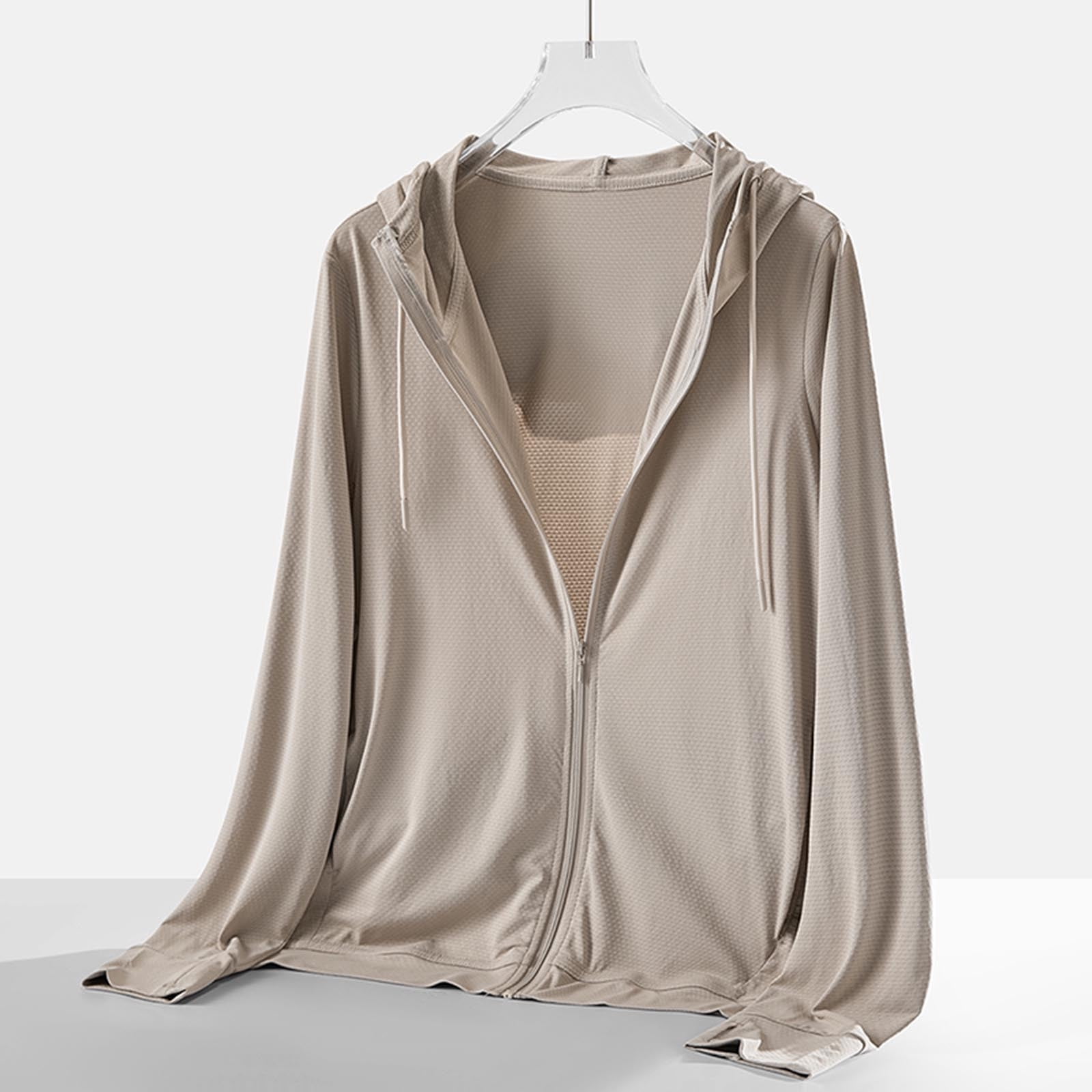Hvot&aat Women's Sun Protective Ice Silk Long Sleeve Tops Casual Solid Sports Hooded Breathable Lightweight Zipper Jacket