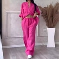 thumbnail image 3 of Women's Casual Solid-Color Cotton-Linen Shirt and Drawstring Wide-Leg Pants Set, 3 of 4