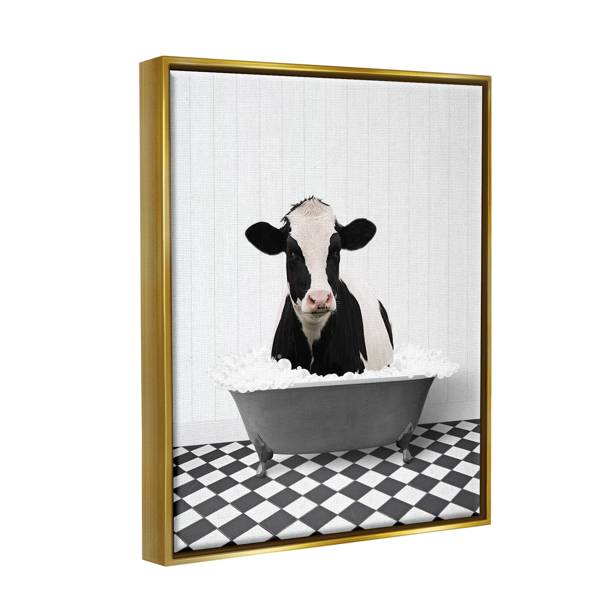 Stupell Industries Farmhouse Bathroom Cow Animals & Insects Painting Gold Floater Framed Art Print Wall Art, 25 x 31