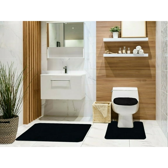 Tobin 3 Piece Bathroom Rug Set, Bath Mat, Contour Rug, Toilet Seat Lid Cover, Non-Slip Rubber Back, Floor Mats, Water Absorbent, Low Pile- Black