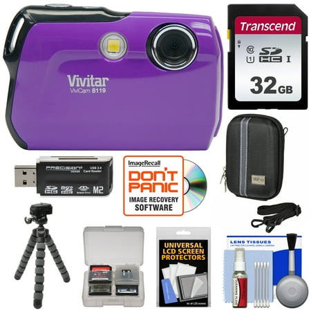 - Vivitar ViviCam 8119 Digital Camera (Purple) with 32GB Card + Case + Flex Tripod + Reader + Kit