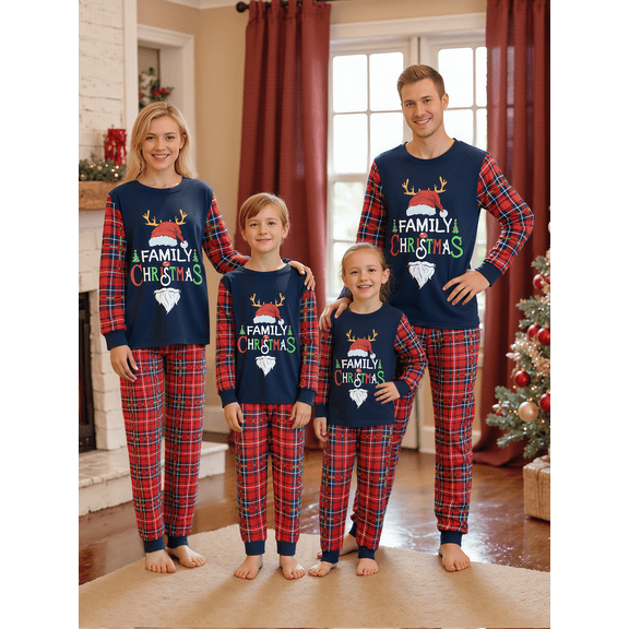 Christmas Family Pajamas Matching Set Letter Print Long Sleeve Tops and Plaid Pants Loungewear Soft Sleepwear