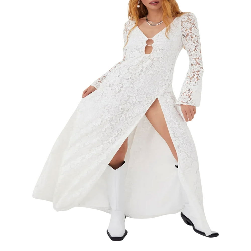 High neck lace dress with sleeves sale