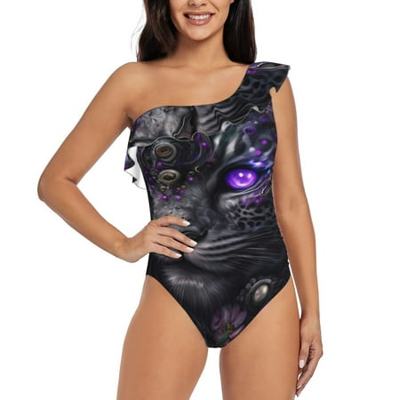 Cauagu Purple-Eyed Floral Leopard Print Women s Sexy One Piece Swimsuits One Shoulder Ruffle Tummy Control Bathing Suit Slimming Swimwear-Small