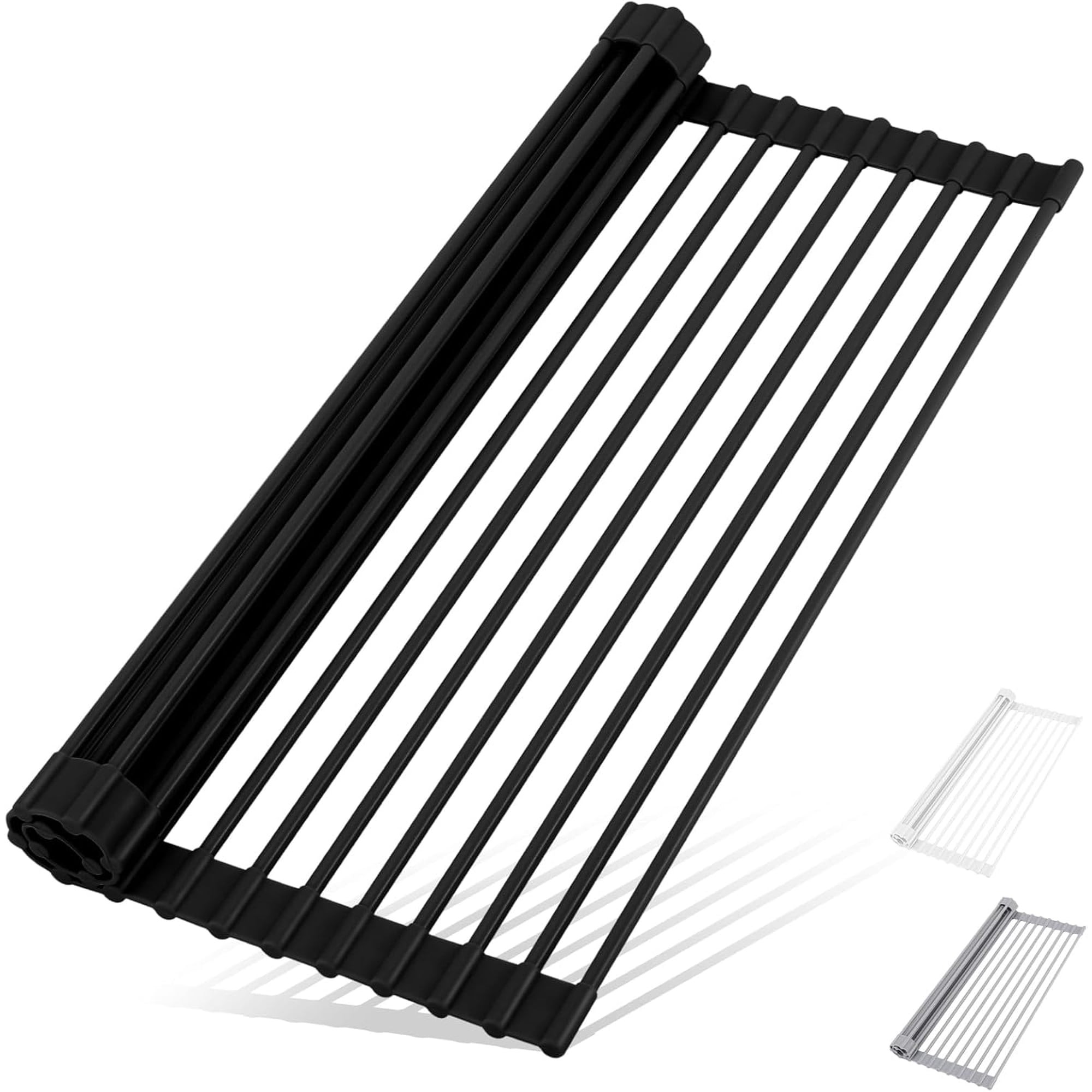 Roll Up Dish Drying Rack Over The Sink Kitchen Roll Up Sink Drying Rack Multipurpose Foldable Sink Drying Mat, Heat-Resistant, Anti-Slip & Anti-Rust Dish Rack for Kitchen, 17" x 13", Black