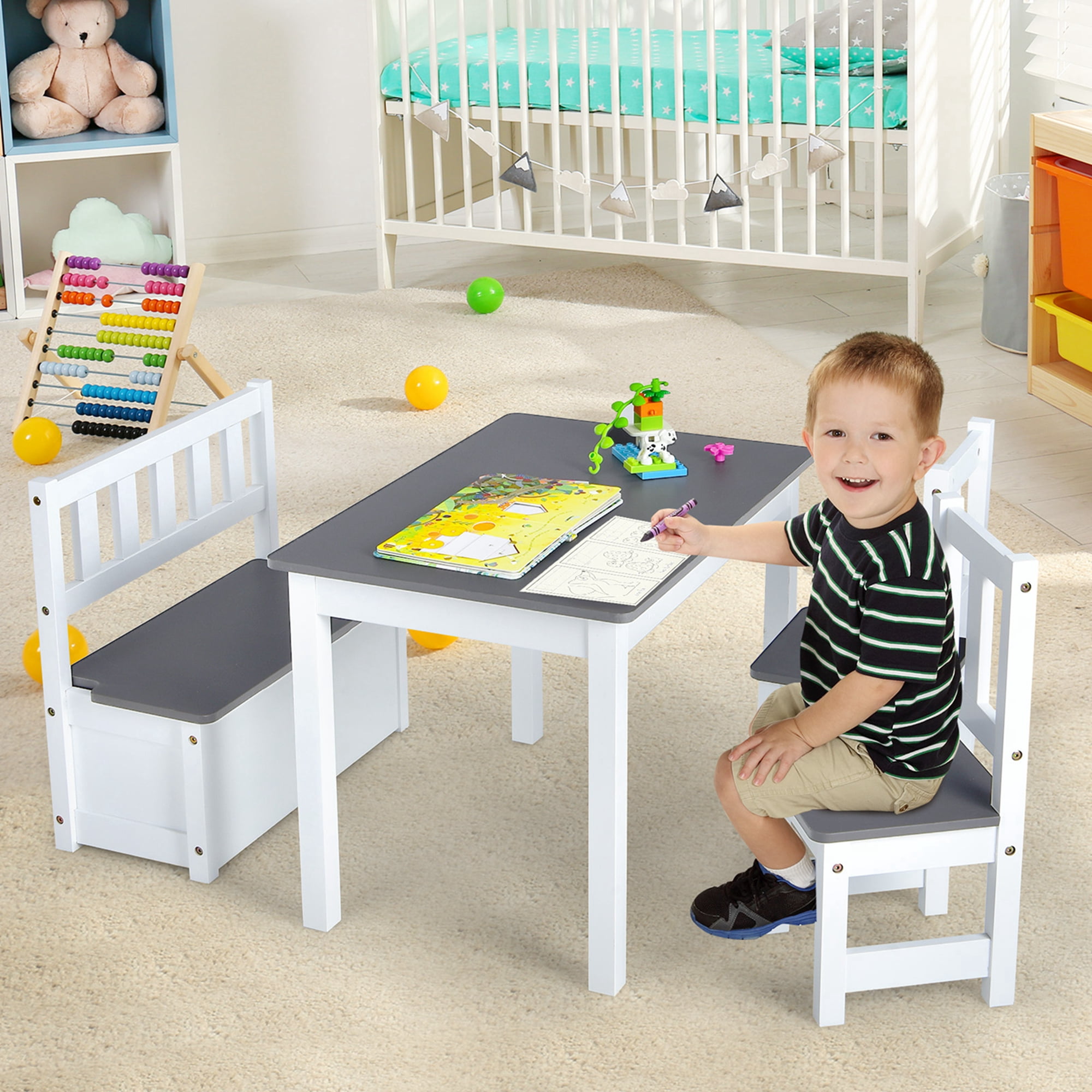 Costway 4 PCS Kids Wooden Activity Table & Chairs Set with Storage Bench Study Desk Grey