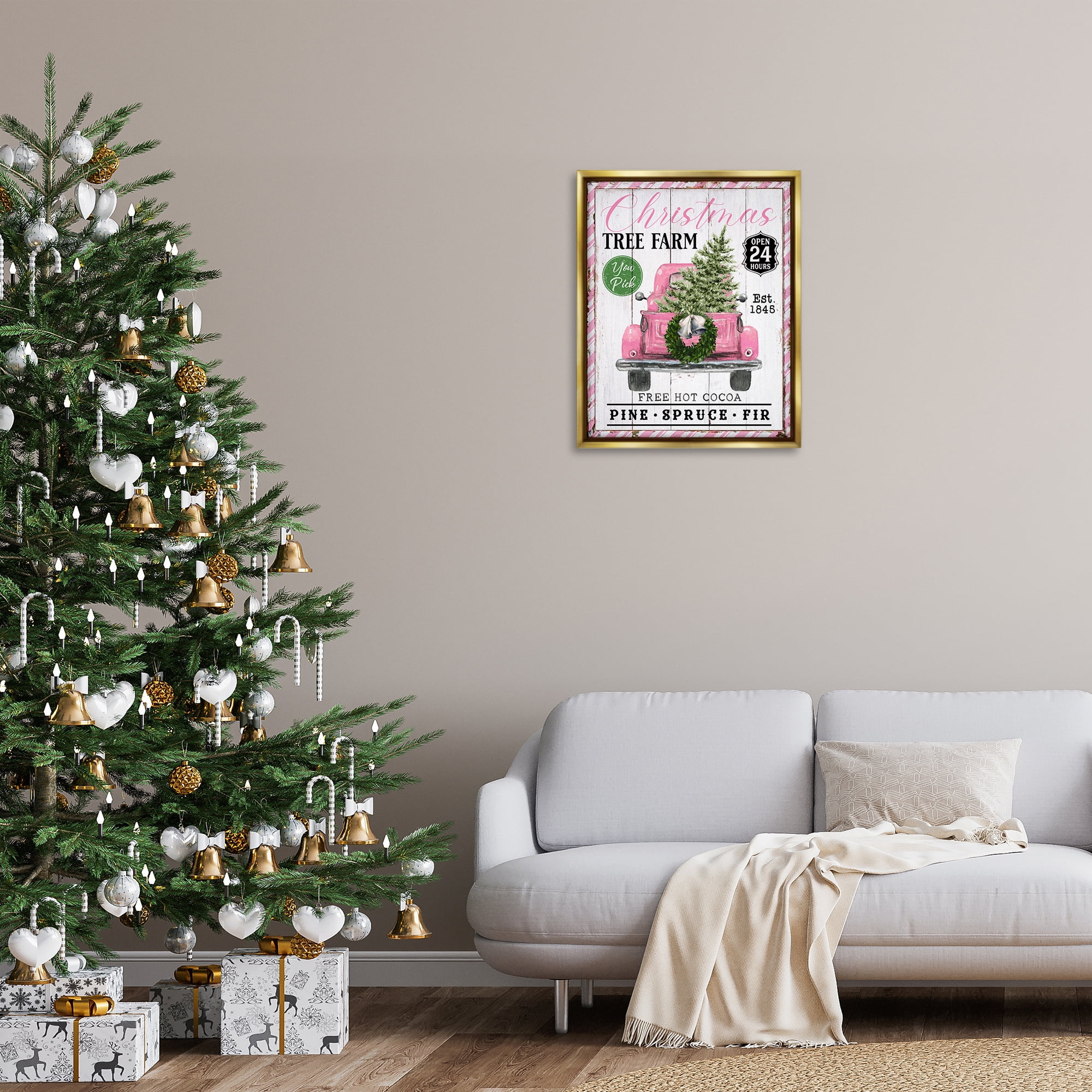 Stupell Industries Pink Christmas Tree Farm Holiday Painting Gold Floater Framed Canvas Art Prints Wall Art, 25 x 31