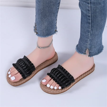 

Aayomet Womens House Slippers Ladies Fashion Solid Color Pleated Lace Leather Open Toe Grass Woven Bottom Flat Slippers Black 8.5