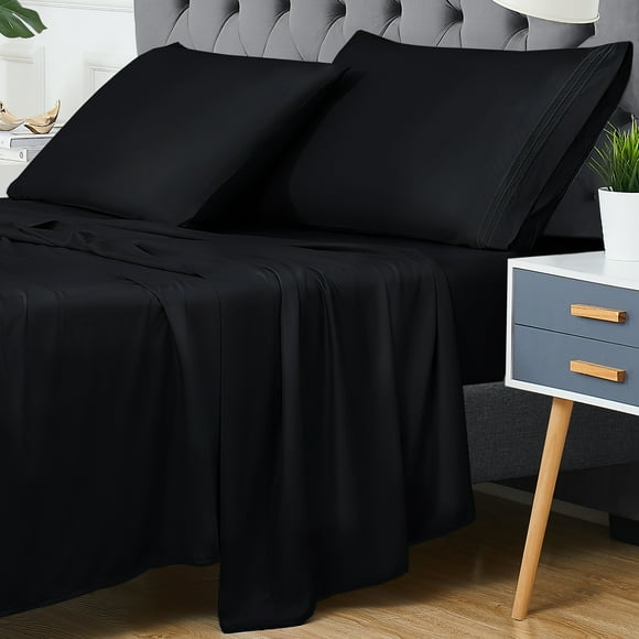 Ultra Soft Cooling Bamboo Bed Sheet Set - 100% Bamboo, Deep Pocket, Breathable, Temperature Regulating, Luxury Hotel Bedding, Queen Size, Black