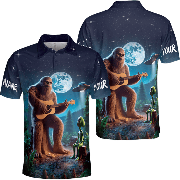 Lotusprinthandmade Personalized Bigfoot Plays Guitar At Night And UFO Men Polo Shirt (Lightweight) S-5XL Multicolor (S)