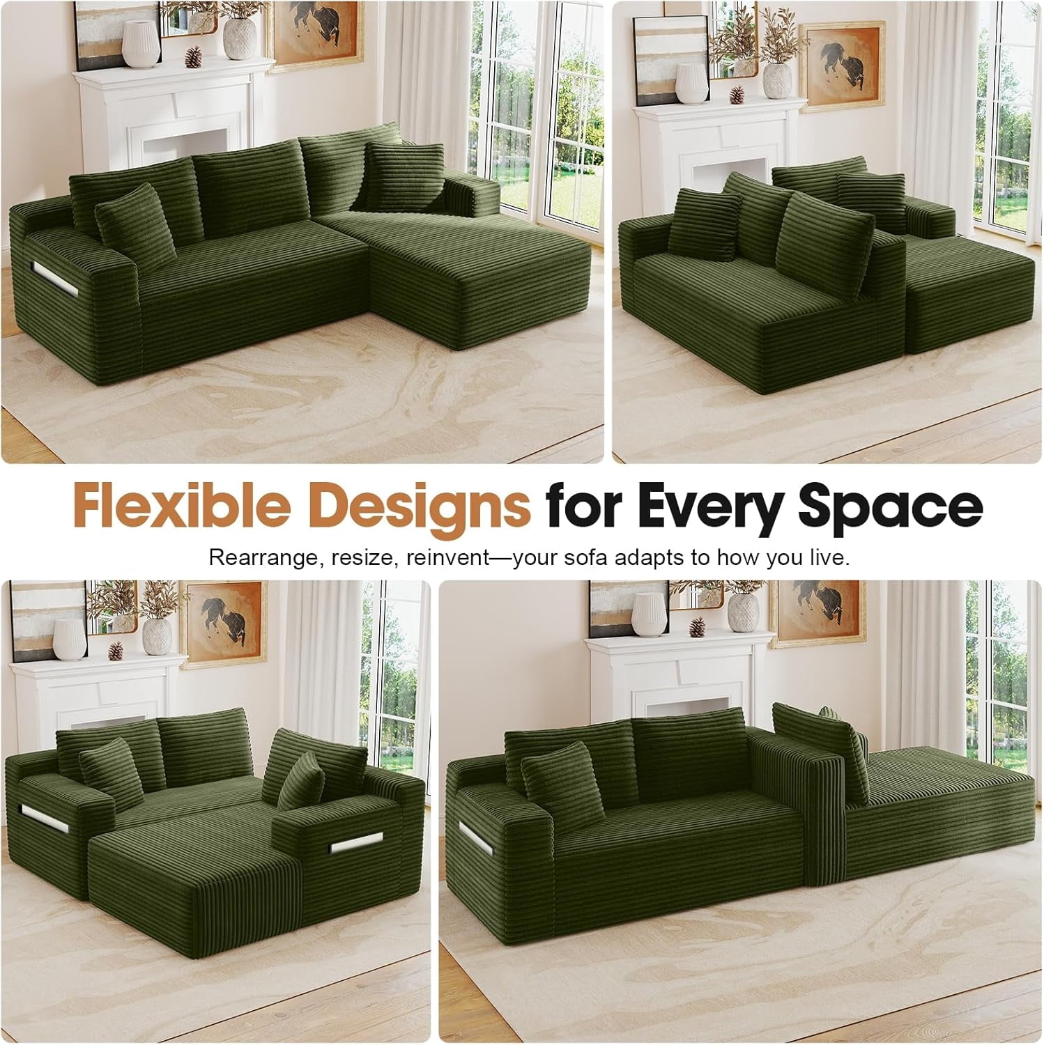 MOONMISS L-Shaped Cloud Sectional Couch with Chaise,Modern Corduroy Upholstered Modular Boneless Sofa,No Assembly for Living Room Apartment(Green,Right)