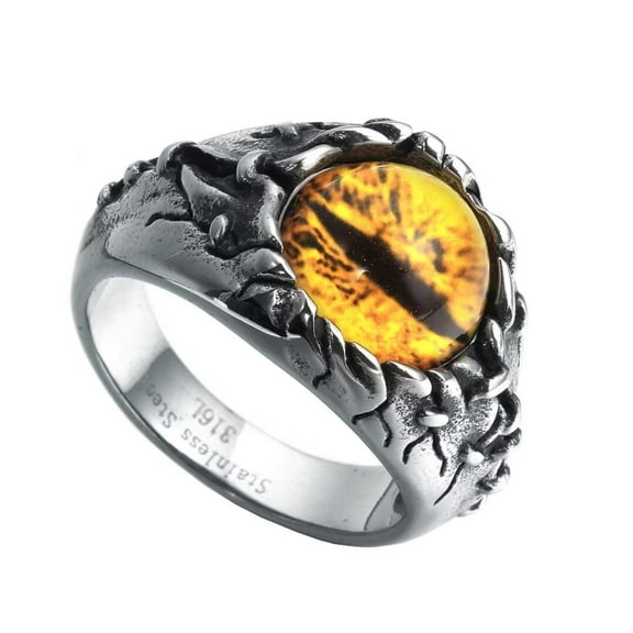 PAMTIER Men Stainless Steel Vintage Punk Evil Devil Gothic Biker Yellow Dragon Eyes Biker Ring of Hell Demon Ghost Diamond Silver Tone Size 7