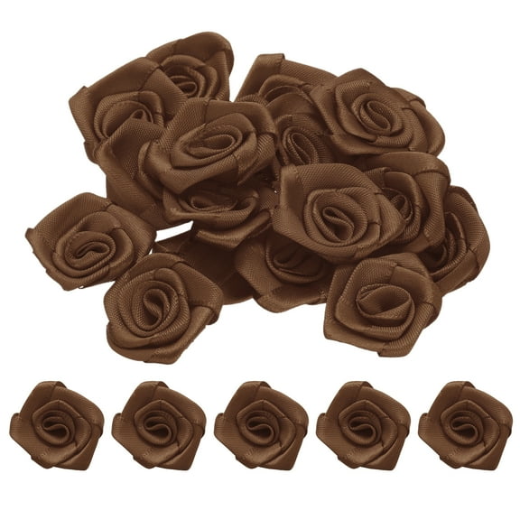 Uxcell 50pcs 3cm Ribbon Roses for Crafts Artificial Fabric Flowers, Brown