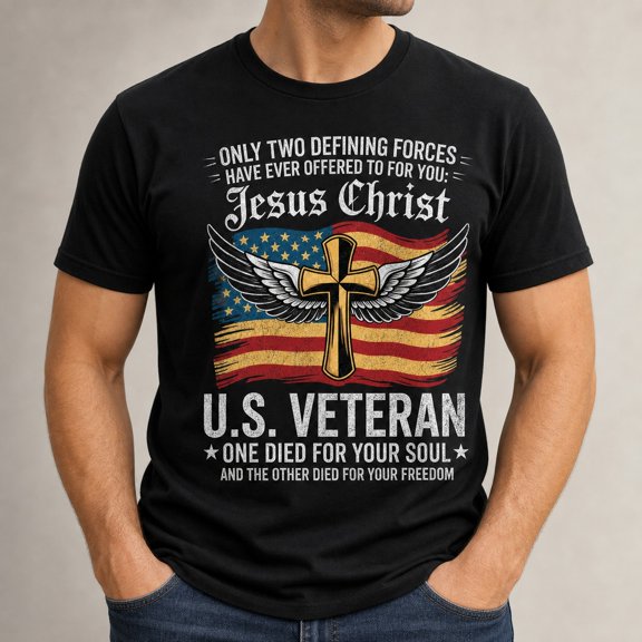 Trenditee Jesus Christ & U.S. Veteran Patriotic T-Shirt - Cross, Rifles & T-Shirt
