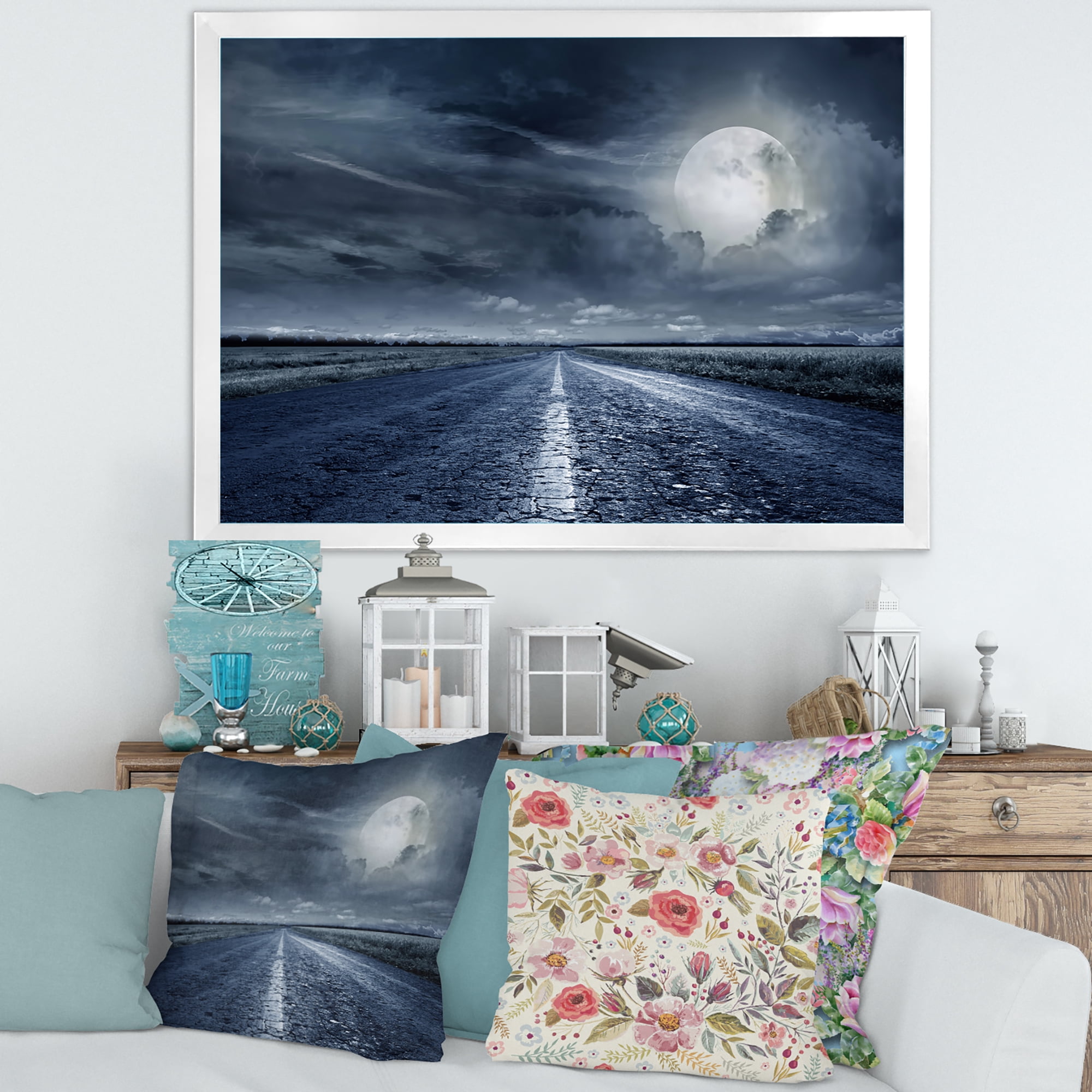 Designart 'Cloudy Full Moon Over Asphalt Road II' Nautical & Coastal Framed Art Print