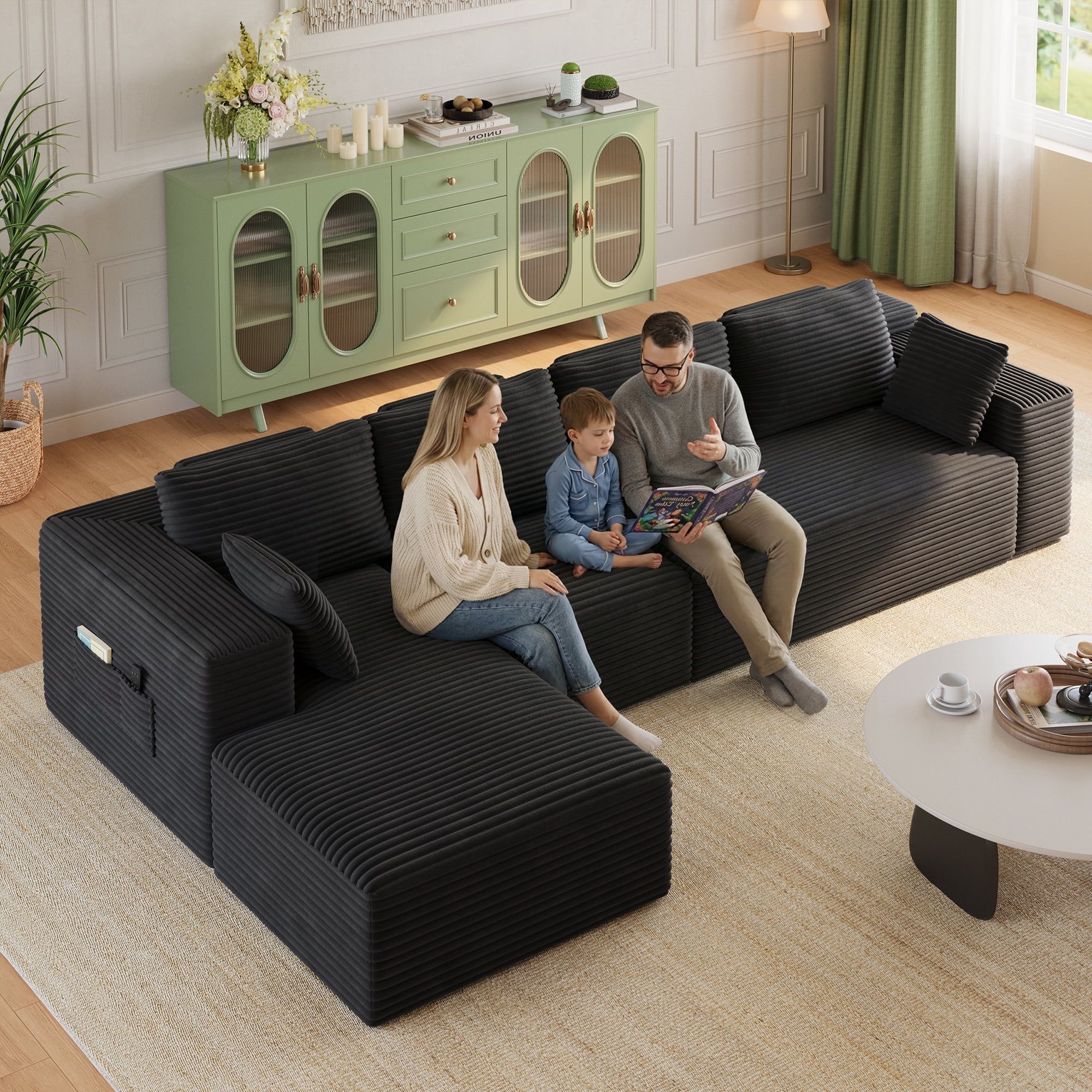 135" L-Shaped Cloud Modular Sectional Sofa, Corduroy Upholstery, Deep Seat Memory Foam Cushion, Black