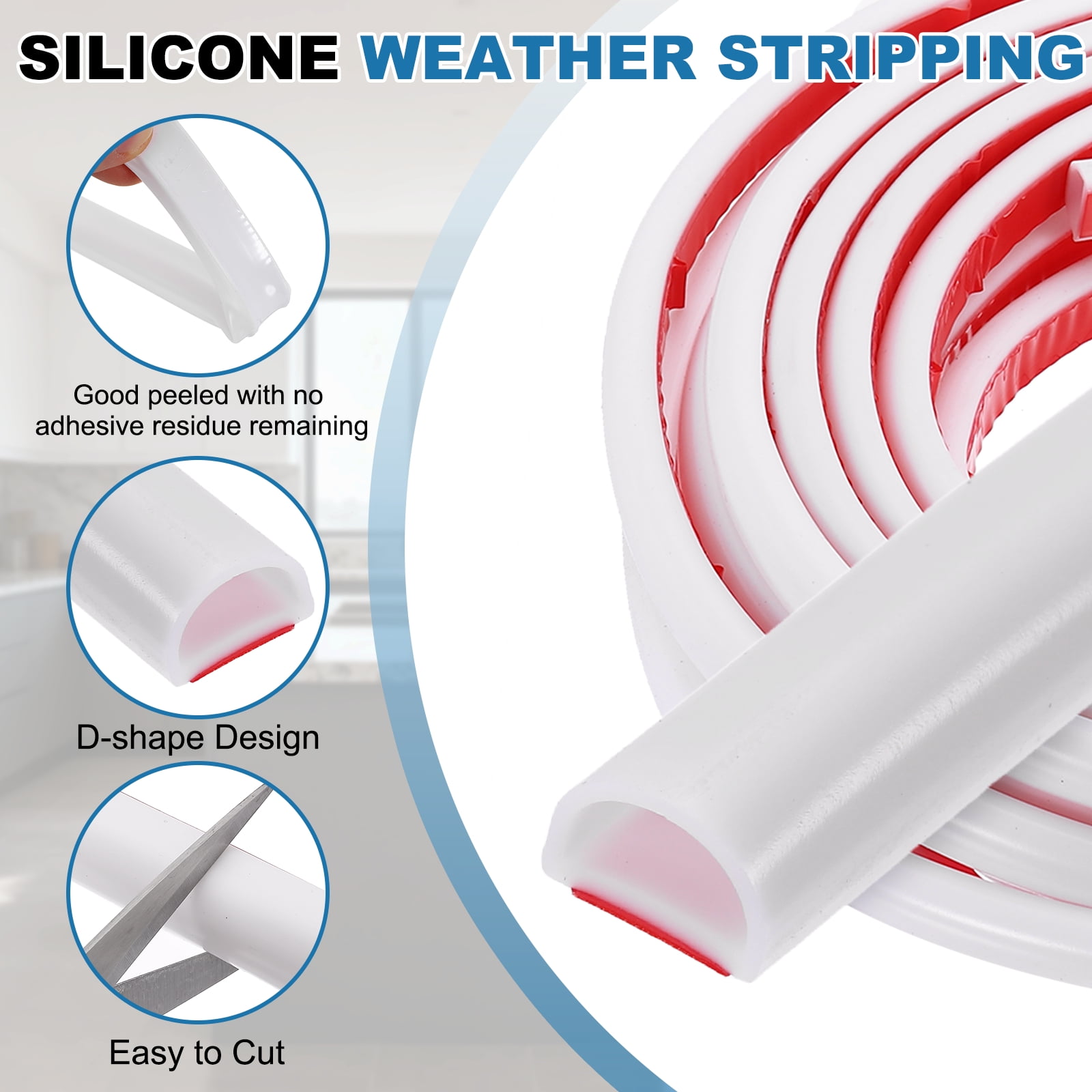 Uxcell 16.4FT Silicone D Shape Weather Stripping, 2Pcs Self Adhesive Doors Seal, White