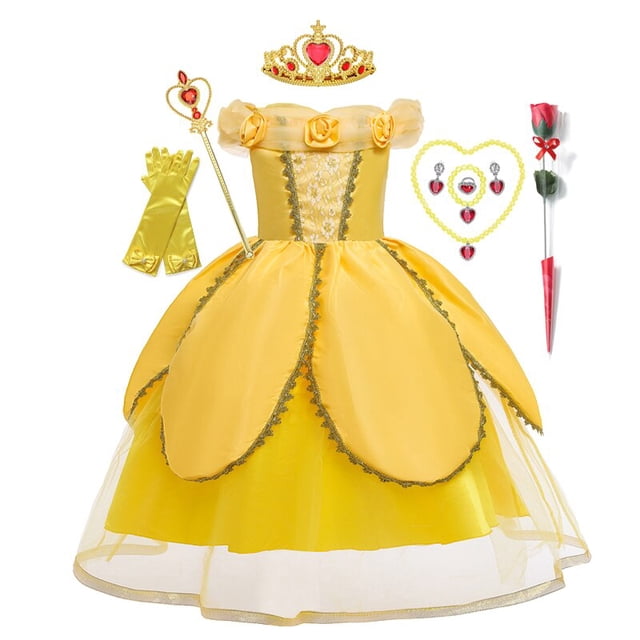 Disney Belle Princess Dress Baby Girls Disfraz de Cosplay Niños Fiesta de cumpleaños de Halloween Dress Up Beauty And the Beast Robe Clothing7-8T (Etiqueta 140) Gao Jinjia LED