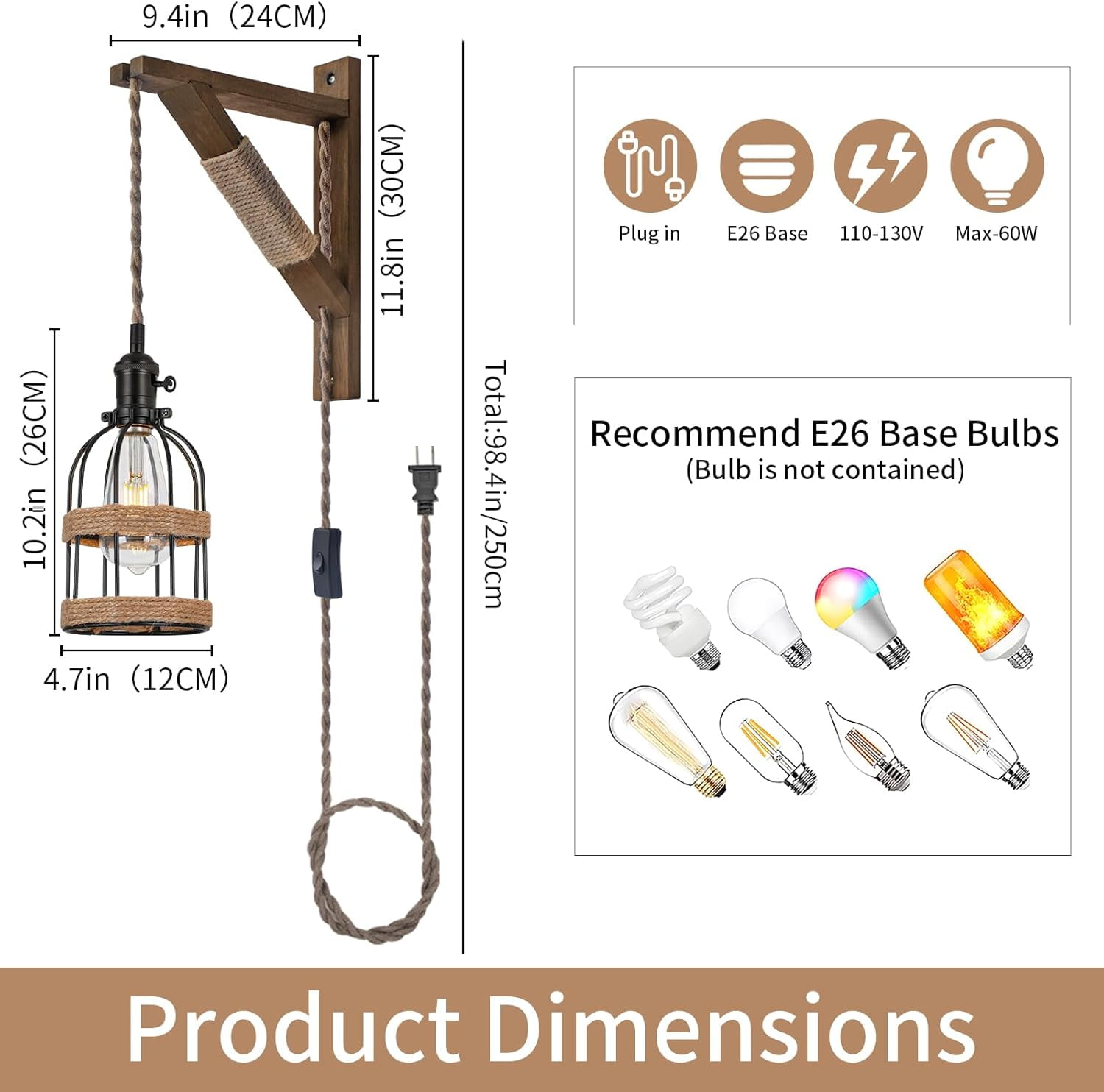 KEESFU Farmhouse Plug-in Wall Sconce Set of 2, Adjustable Rope Cage Light with Wood Bracket, Black Metal Hanging Fixture for Bedroom Living Room Hallway