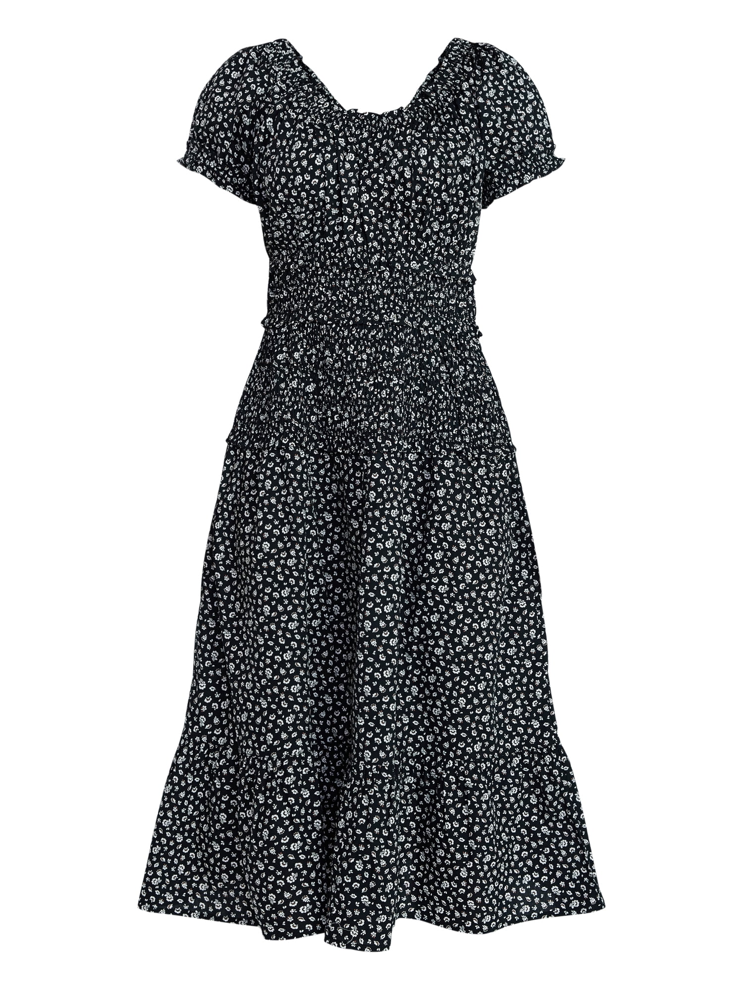 Time and Tru Women's Smocked Cotton Peasant Dress with Short Sleeves, Sizes XS-XXXL