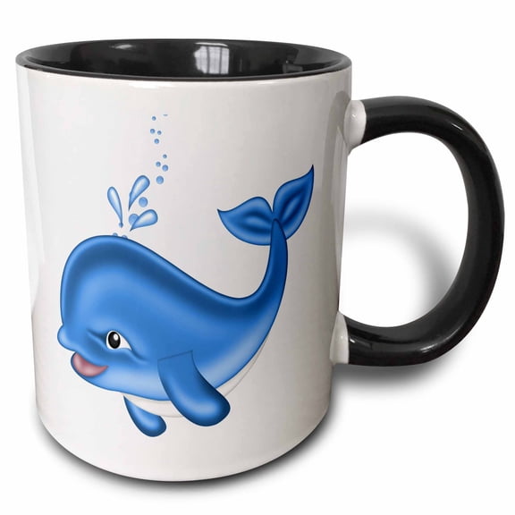 3drose, Cute Blue and White Whale Illustration, 15oz Two-tone Black Mug