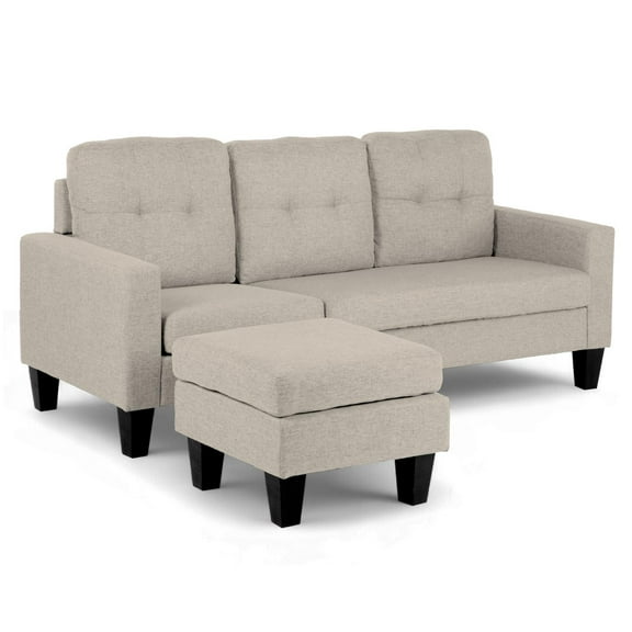 Sala Esquinera en L con Taburete, Moderna y Pequeña, Tapizado tipo Lino y Diseño Reversible beige 5 Piezas