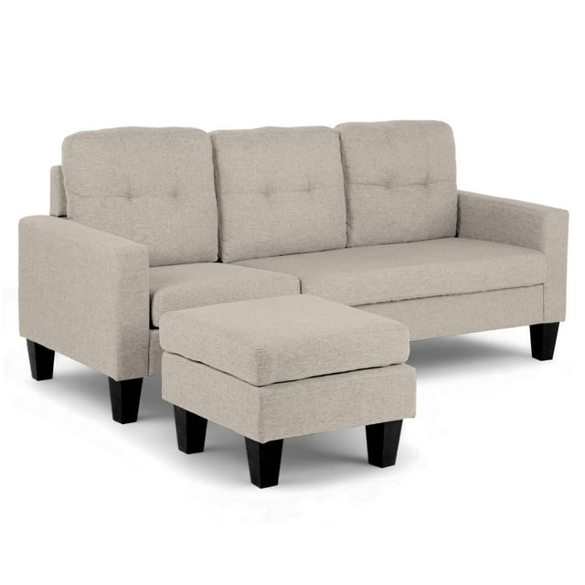 Sala Esquinera en L con Taburete, Moderna y Pequeña, Tapizado tipo Lino y Diseño Reversible beige 5 Piezas