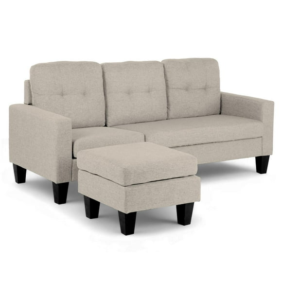 Sala Esquinera en L con Taburete, Moderna y Pequeña, Tapizado tipo Lino y Diseño Reversible beige 5 Piezas