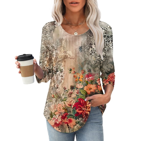 ALLLIST Crew Neck Tops for Women Summer 3/4 Sleeve Blouse Floral Casual Pleated Tunic for Ladies